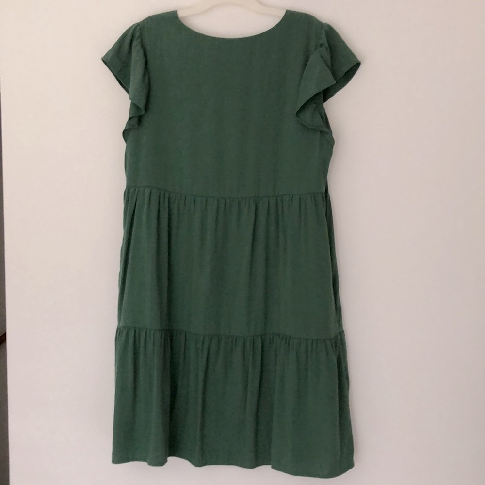 M Green Cotton Dress Pockets Flowy Ruffle Lined Midi Spring - Picture 3 of 10